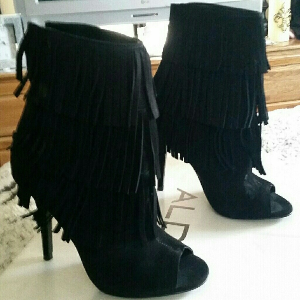 Black Aldo fringe peep toe ankle boots